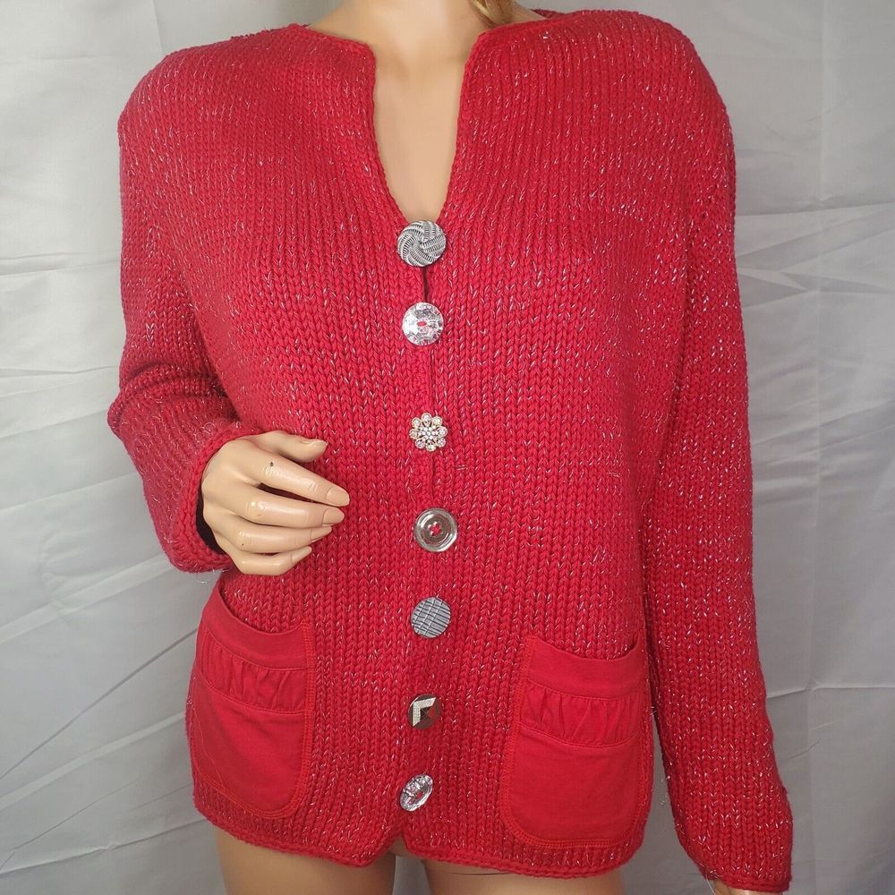Pure Handknit Chunky Metallic Silver & Red Cardigan Sweater Jewel Buttons Large